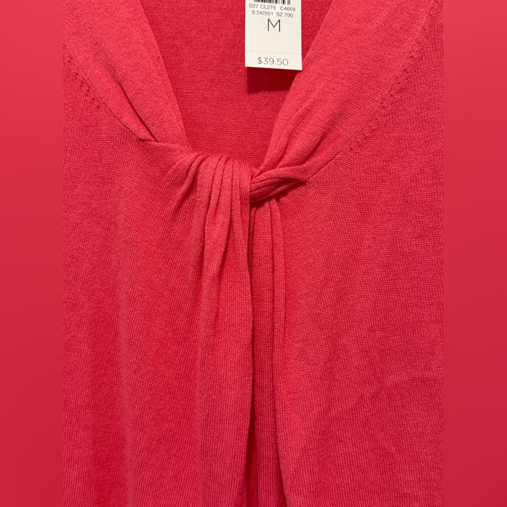 LOFT Vibrant Coral Twist-Knot detail V-Neck Pullover Sweater - Picture 5 of 8